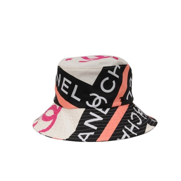 Chanel 22C CC Logo Bucket Hat Small S Pink White Black 100% Cotton Sun Cloche - Picture 8 of 16